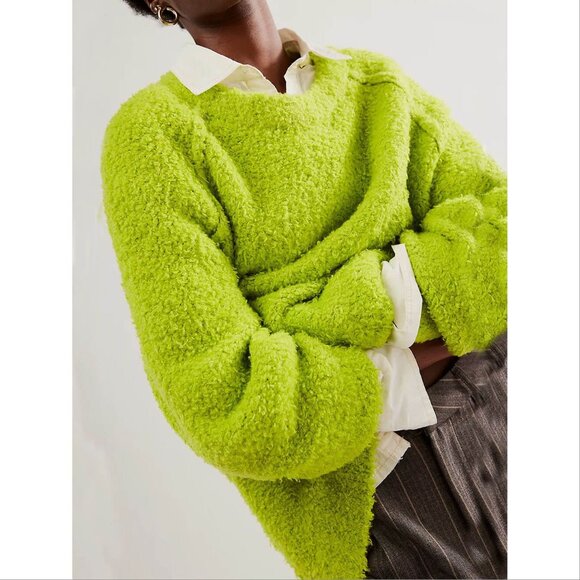 FREE PEOPLE Teddy Sweater Tunic Size L Oversized Lime Green Wool Blend Fuzzy NEW - Picture 2 of 12